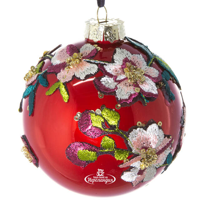 Стеклянный елочный шар Венециано Флер 10 см красный Kaemingk (Кейминг)