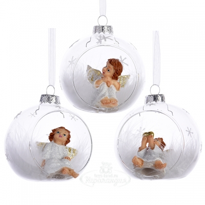 Стеклянный шар с композицией Малыш Ангел-3, 8 см, подвеска Kaemingk