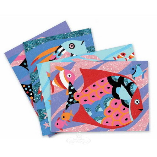 Песочная картина Радужные рыбки 4 шт + цветной песок и блестки Djeco