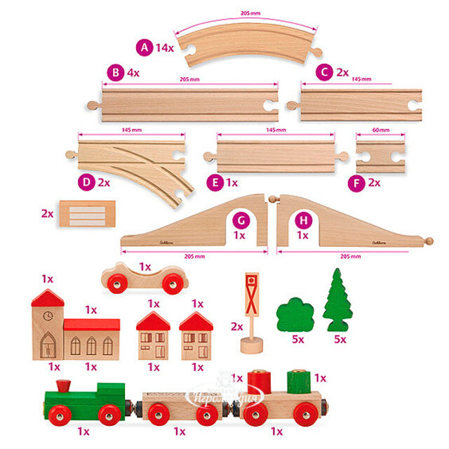 Деревянная железная дорога с мостом 55 деталей Eichhorn