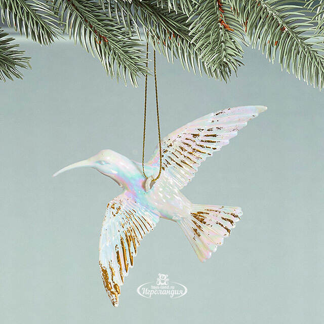 Елочная игрушка Колибри Rainbow Glow 14 см белая с золотым Winter Deco