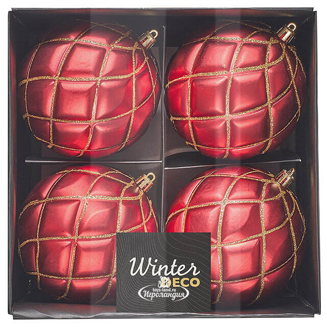Елочные шары Matelasse 10 см красный, 4 шт, пластик Winter Deco