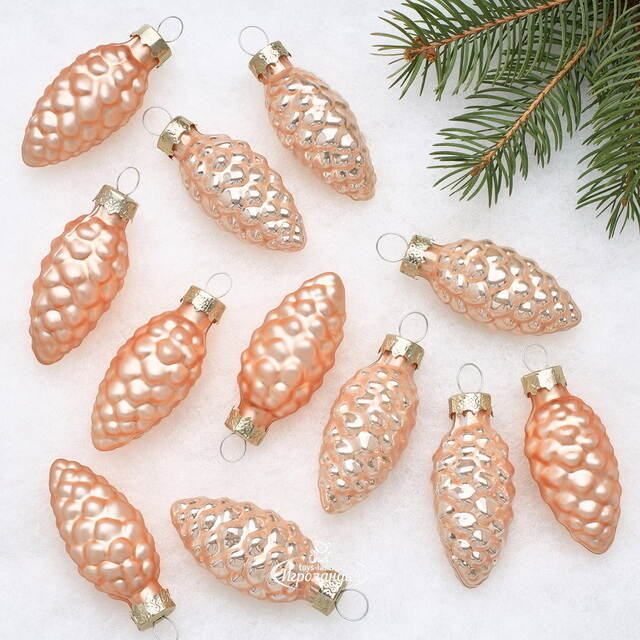 Елочные игрушки Шишки 6 см персиковый микс, 12 шт, стекло Winter Deco