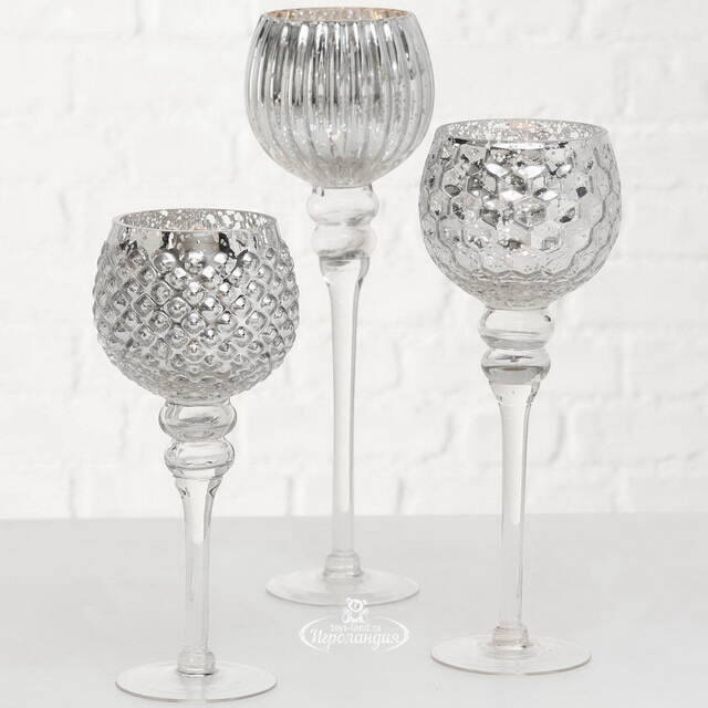 Набор стеклянных подсвечников-бокалов Виндлайт 30-40 см серый, 3 шт Boltze