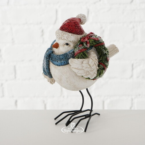 Новогодняя фигурка Птичка Альба в синем шарфе 16 см Boltze