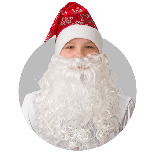 Колпак Деда Мороза со снежинками красный + борода Батик