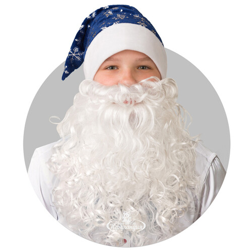 Колпак Деда Мороза со снежинками синий + борода Батик
