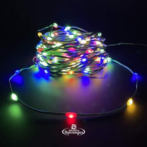 Светодиодная гирлянда Роса Micro Flex 26 м, 350 разноцветных LED ламп, зеленый провод, контроллер, таймер, IP44 Edelman