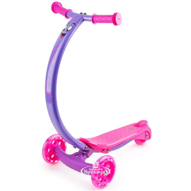 Трехколесный самокат с изогнутой ручкой Zipster-Улыбашка, розово-фиолетовый, до 50 кг Zycom