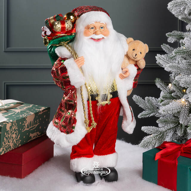 Новогодняя фигура Санта Клаус с плюшевым мишкой 40 см красный Edelman
