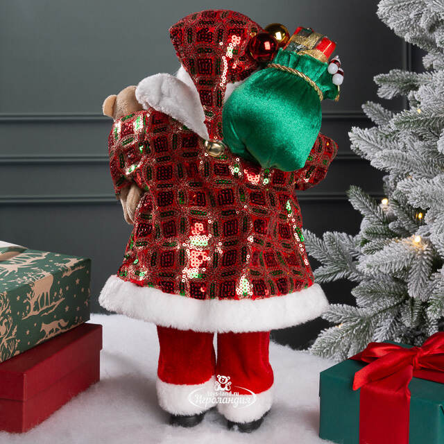 Новогодняя фигура Санта Клаус с плюшевым мишкой 40 см красный Edelman