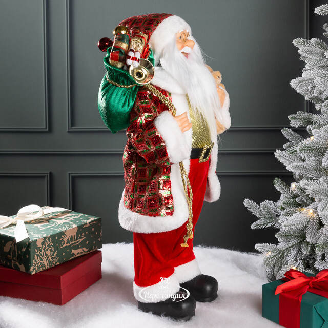 Новогодняя фигура Санта Клаус с плюшевым мишкой 60 см красный Edelman