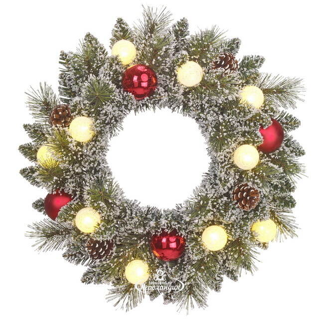 Венок с лампочками Kaprun Red заснеженный 45 см, 10 теплых белых LED ламп, таймер, на батарейках, ЛЕСКА + ПВХ Edelman