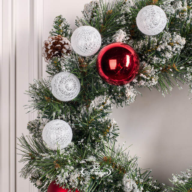 Венок с лампочками Kaprun Red заснеженный 45 см, 10 теплых белых LED ламп, таймер, на батарейках, ЛЕСКА + ПВХ Edelman