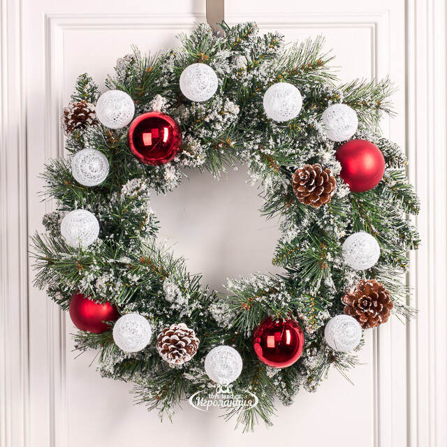 Венок с лампочками Kaprun Red заснеженный 45 см, 10 теплых белых LED ламп, таймер, на батарейках, ЛЕСКА + ПВХ Edelman