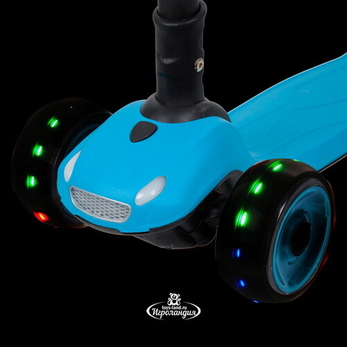 Трехколесный самокат Novatrack Rainbow Car Boy Pro с музыкой, светящимися фарами и колесами 120/80, голубой, до 60 кг Novatrack