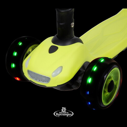Трехколесный самокат Novatrack Rainbow Car Boy Pro с музыкой, светящимися фарами и колесами 120/80, лайм, до 60 кг Novatrack