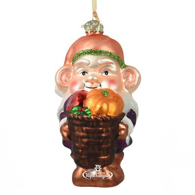Стеклянная елочная игрушка Гном из Бардвэлла с корзинкой 11 см Kaemingk