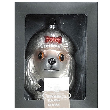 Елочная игрушка Собачка - Пудель с Красным Бантом 9 см, стекло, подвеска Kaemingk