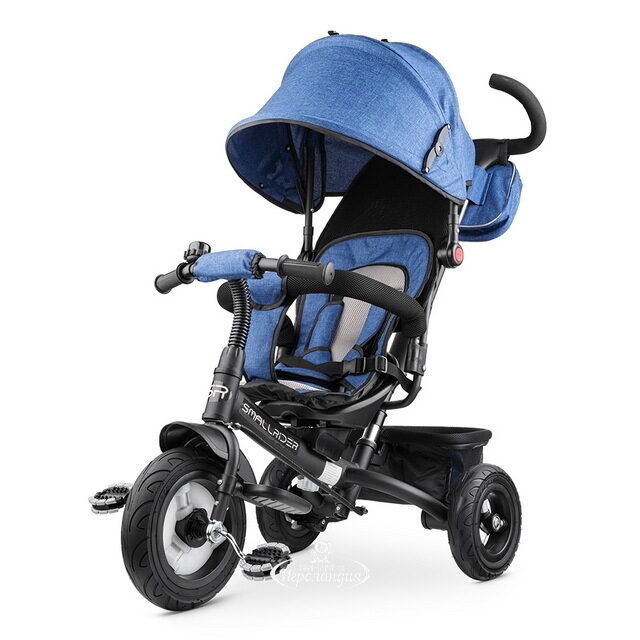 Вездеходный трехколесный велосипед Small Rider Discovery с ручкой и капюшоном, синий джинс Small Rider