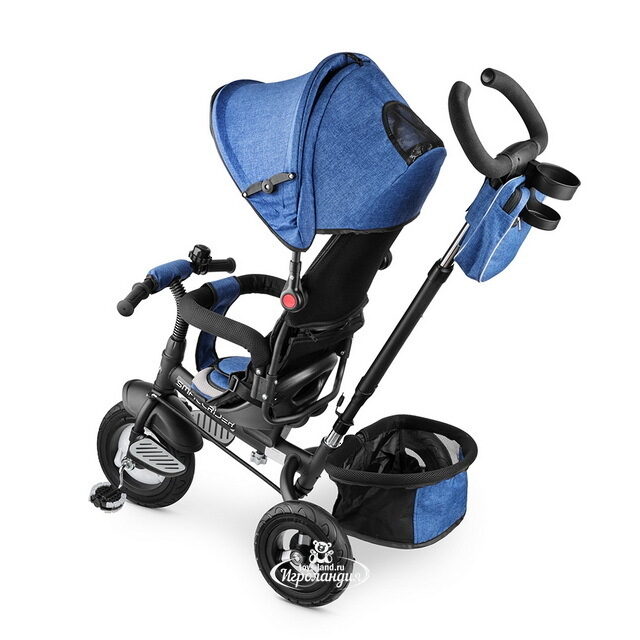 Вездеходный трехколесный велосипед Small Rider Discovery с ручкой и капюшоном, синий джинс Small Rider