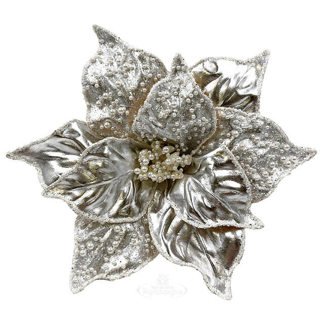 Искусственная пуансеттия Letizia 27 см серебряная, клипса Christmas Deluxe