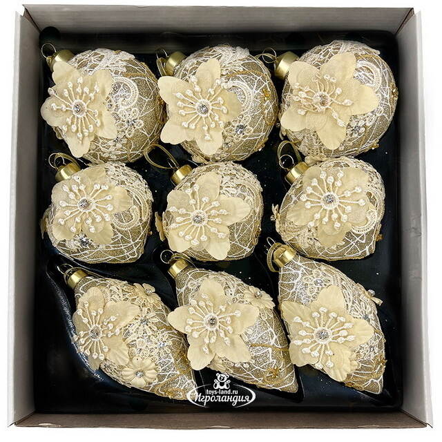 Набор стеклянных елочных игрушек Marinella - Cream Flower 8 см, 9 шт Christmas Deluxe