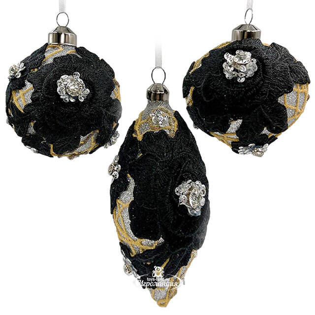 Набор стеклянных елочных игрушек Marinella - Black Flower 8 см, 9 шт Christmas Deluxe