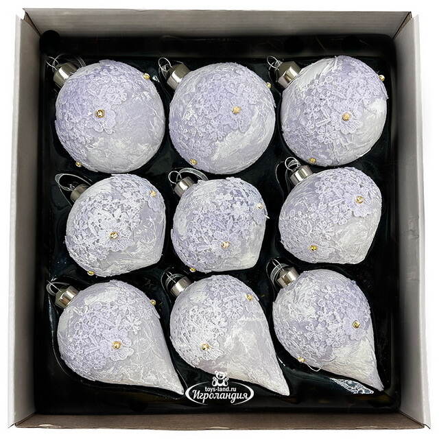 Набор стеклянных елочных игрушек Nerina - Blue Lace 8 см, 9 шт Christmas Deluxe