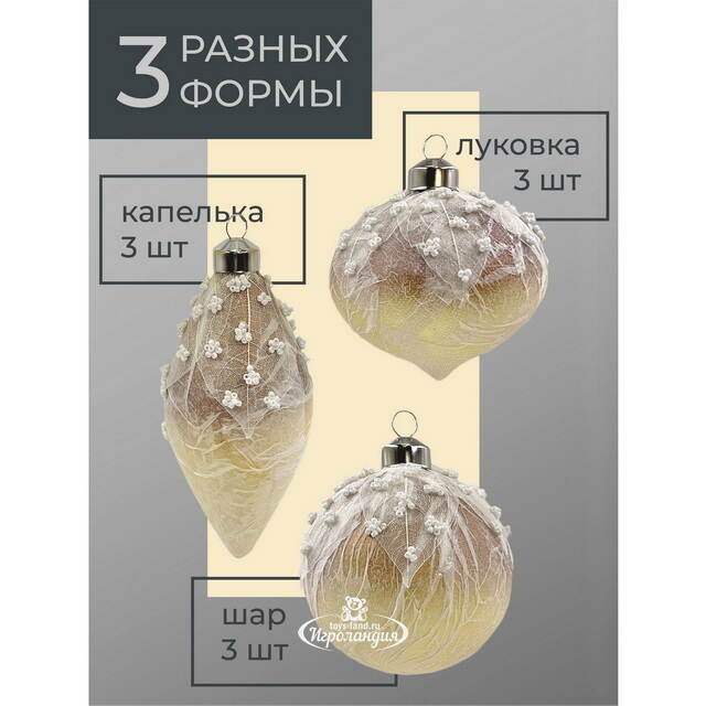 Набор стеклянных елочных игрушек Skansano - White Leaf 8 см кремовый, 9 шт Christmas Deluxe
