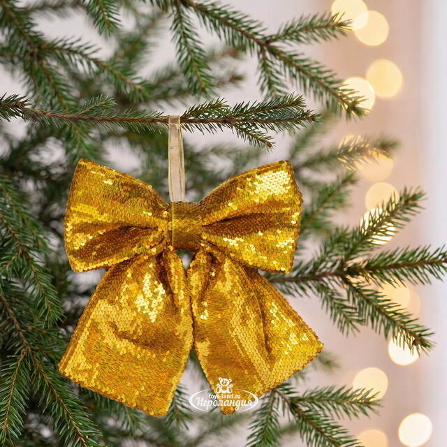 Бант на елку Блестящие Пайетки 28*25 см золотой Christmas Deluxe (Кристмас Делюкс)