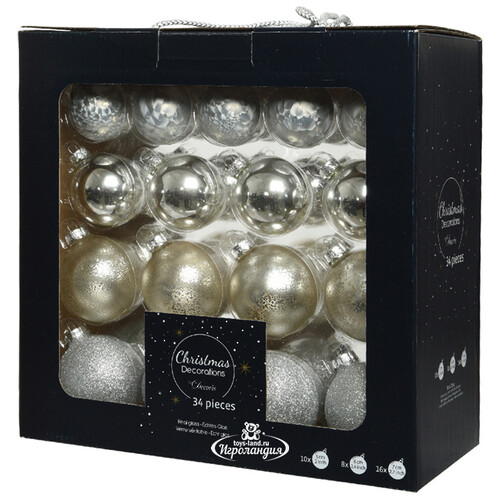 Набор стеклянных шаров Серебряный Ансамбль, 34 шт, 5-7 см Kaemingk