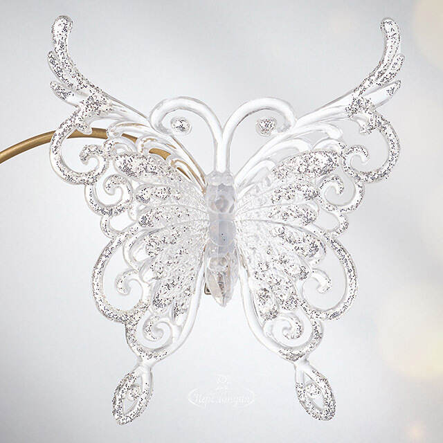 Елочное украшение Бабочка Ажурная 12 см серебряная, клипса Forest Market