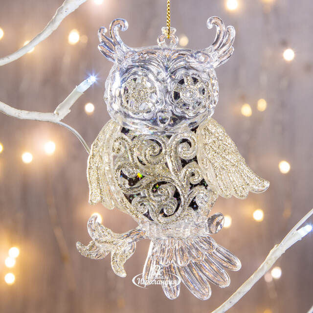 Елочная игрушка Сова на Веточке 12 см серебряно-золотая, подвеска Forest Market