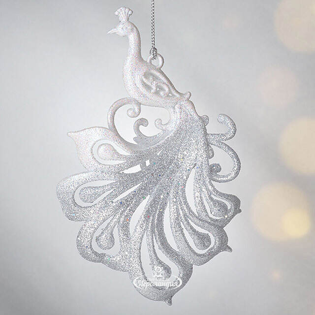 Елочная игрушка Павлин Роскошный 15 см бело-серебряный, подвеска Forest Market