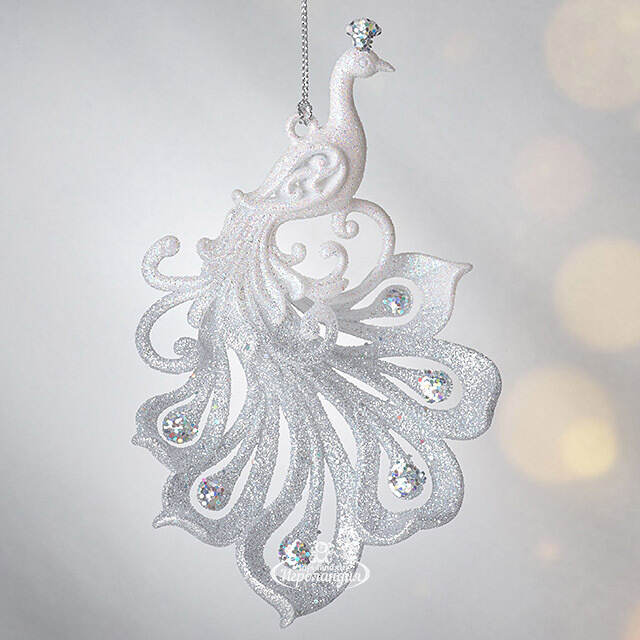 Елочная игрушка Павлин Роскошный 15 см бело-серебряный, подвеска Forest Market