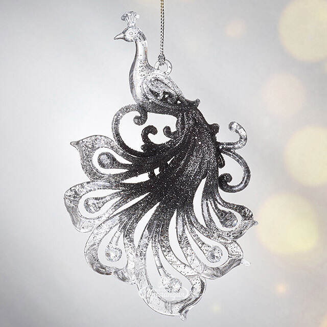 Елочная игрушка Павлин Роскошный 15 см черно-серебряный, подвеска Forest Market