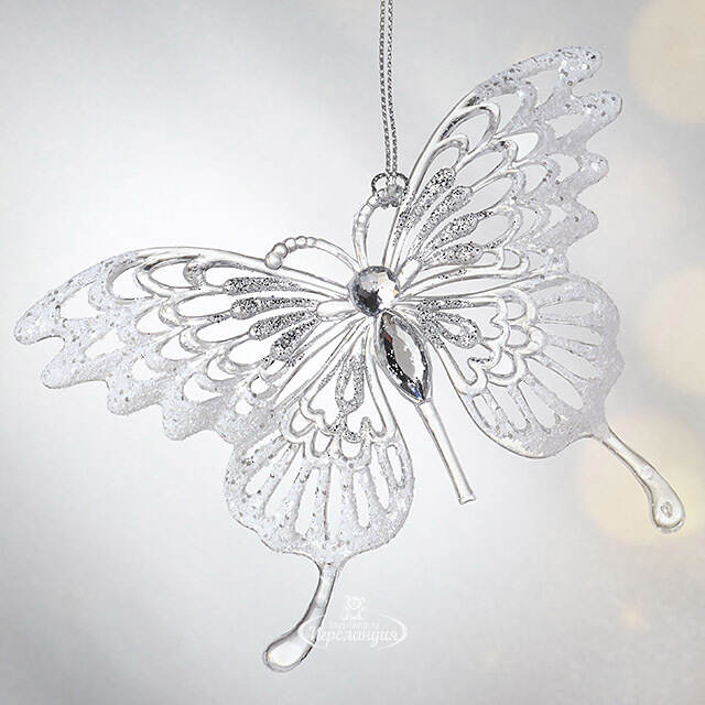 Елочная игрушка Бабочка Махаон 13 см прозрачно-серебряная, подвеска Forest Market