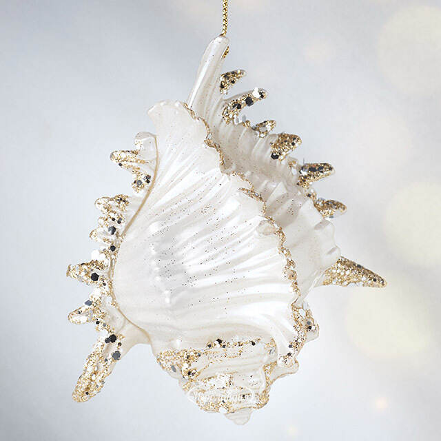 Елочная игрушка Ракушка Морское сокровище 10 см белая с золотым, подвеска Forest Market