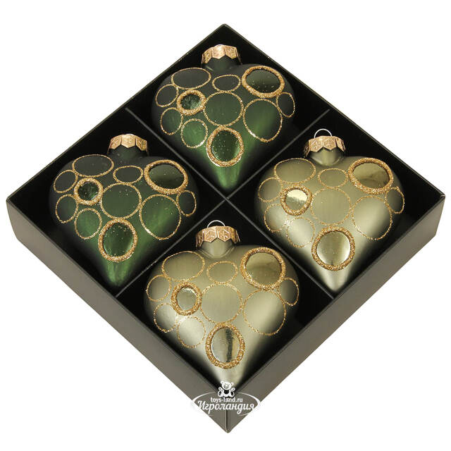 Набор стеклянных елочных игрушек Сердечки - Olive Wreath 9 см, 4 шт Kaemingk