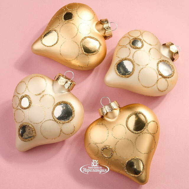 Набор стеклянных елочных игрушек Сердечки - Golden Ensemble 9 см, 4 шт, подвеска Kaemingk