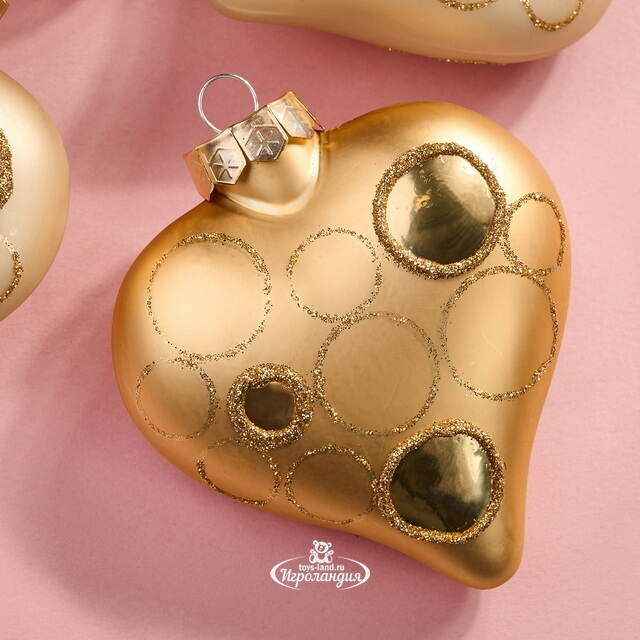 Набор стеклянных елочных игрушек Сердечки - Golden Ensemble 9 см, 4 шт, подвеска Kaemingk