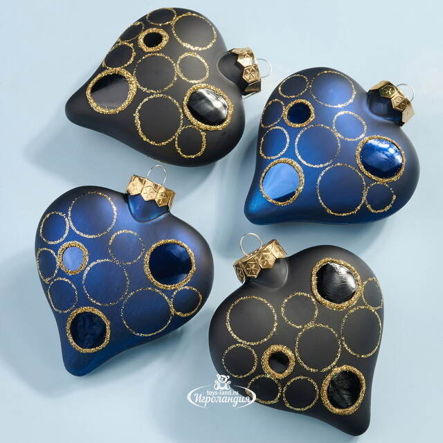 Набор стеклянных елочных игрушек Сердечки - Sapfiro Sea 9 см, 4 шт, подвеска Kaemingk