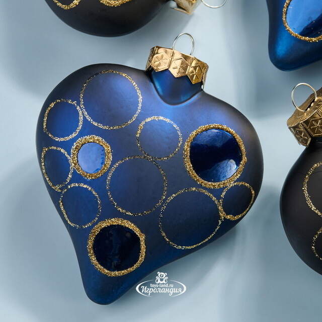 Набор стеклянных елочных игрушек Сердечки - Sapfiro Sea 9 см, 4 шт, подвеска Kaemingk