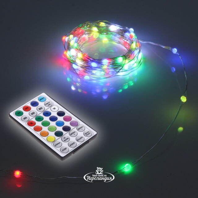 Светодиодная USB-гирлянда Роса Magnificent 10 м, 100 разноцветных RGB LED, серебряная проволока, пульт управления, таймер, IP20 Serpantin