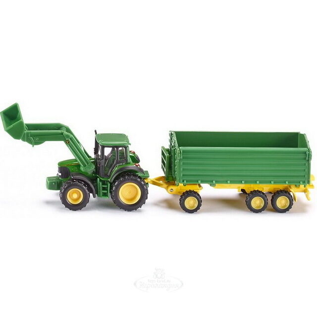 Трактор John Deere с ковшом и прицепом-кузовом 1:87, 21 см SIKU