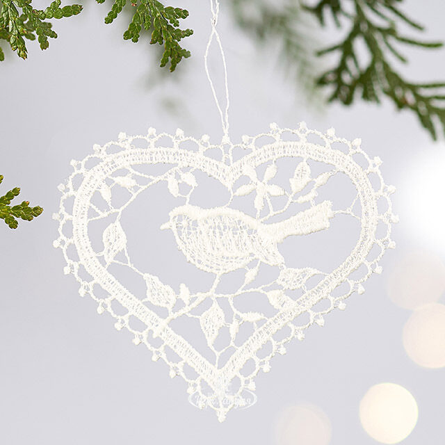 Кружевная елочная игрушка Птичка в сердце - White Lace 8 см Vogel
