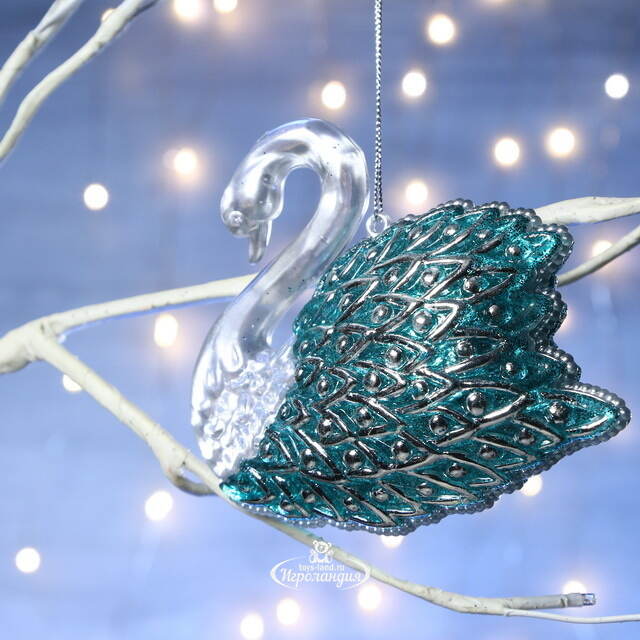 Елочная игрушка Лебединая Песня 12 см серебристая с бирюзовым, подвеска Forest Market