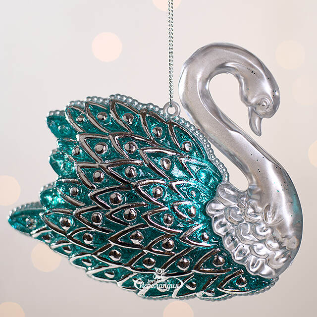 Елочная игрушка Лебединая Песня 12 см серебристая с бирюзовым, подвеска Forest Market