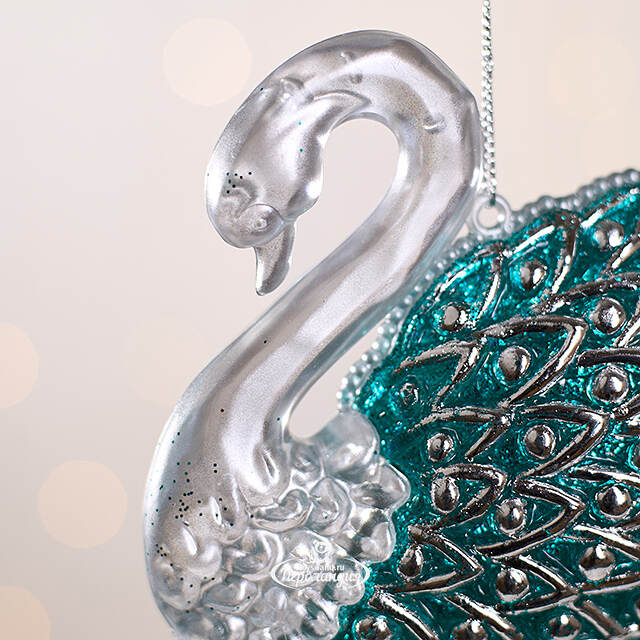 Елочная игрушка Лебединая Песня 12 см серебристая с бирюзовым, подвеска Forest Market